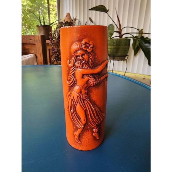 Vintage Retro Orchids Of Hawaii Hula Girl Tiki Vase Japan orange MCM mid century - Picture 1 of 5